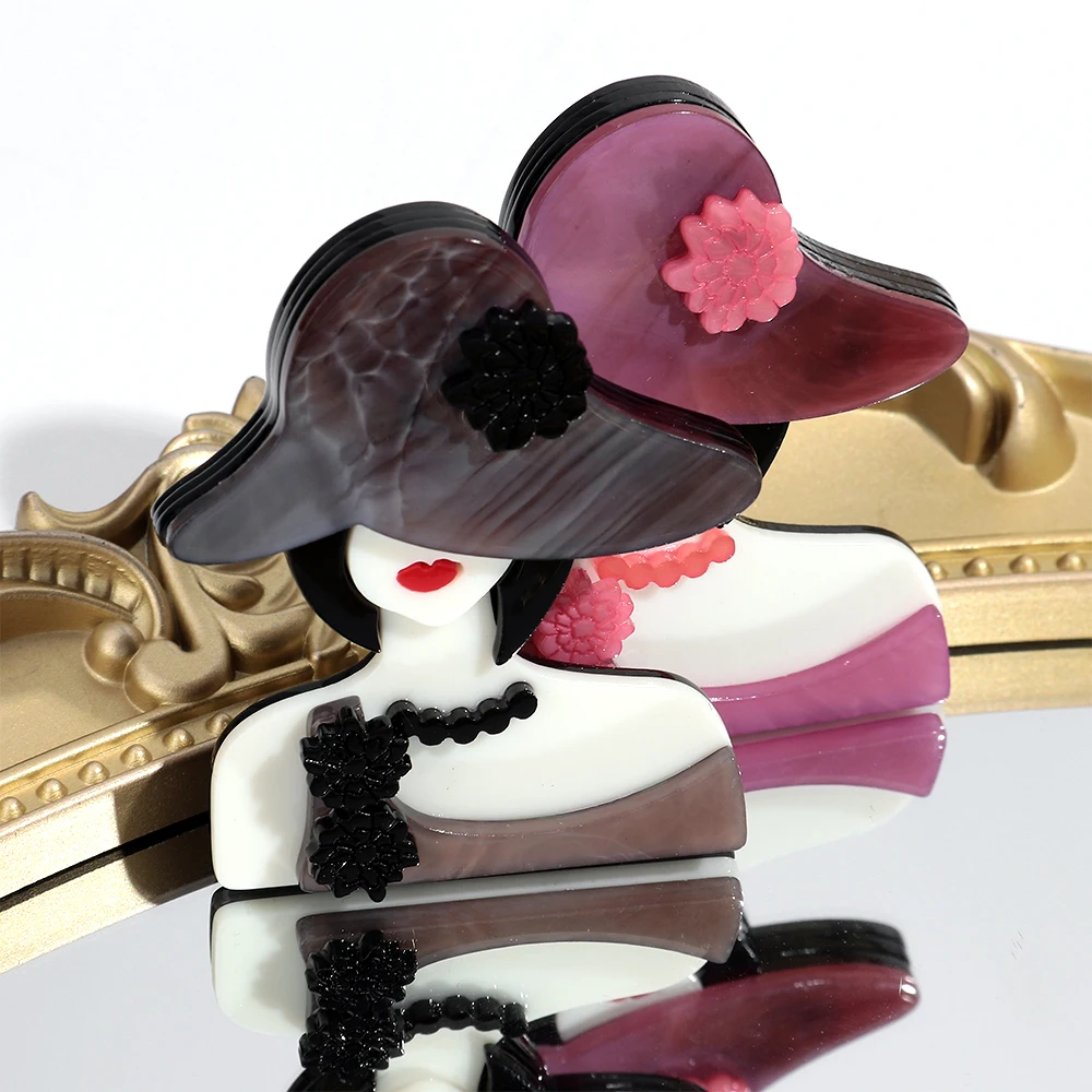 트렌디하고 우아한 꽃 모양 모자 레진 브로치 여성용 화려한 아크릴 소녀 피규어 배지 핀 쥬얼리 의류 액세서리 선물