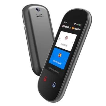 Portable two-way AI voice translator device for business, learning, and travel; ABS plastic body in black; real-time voice, tex 1