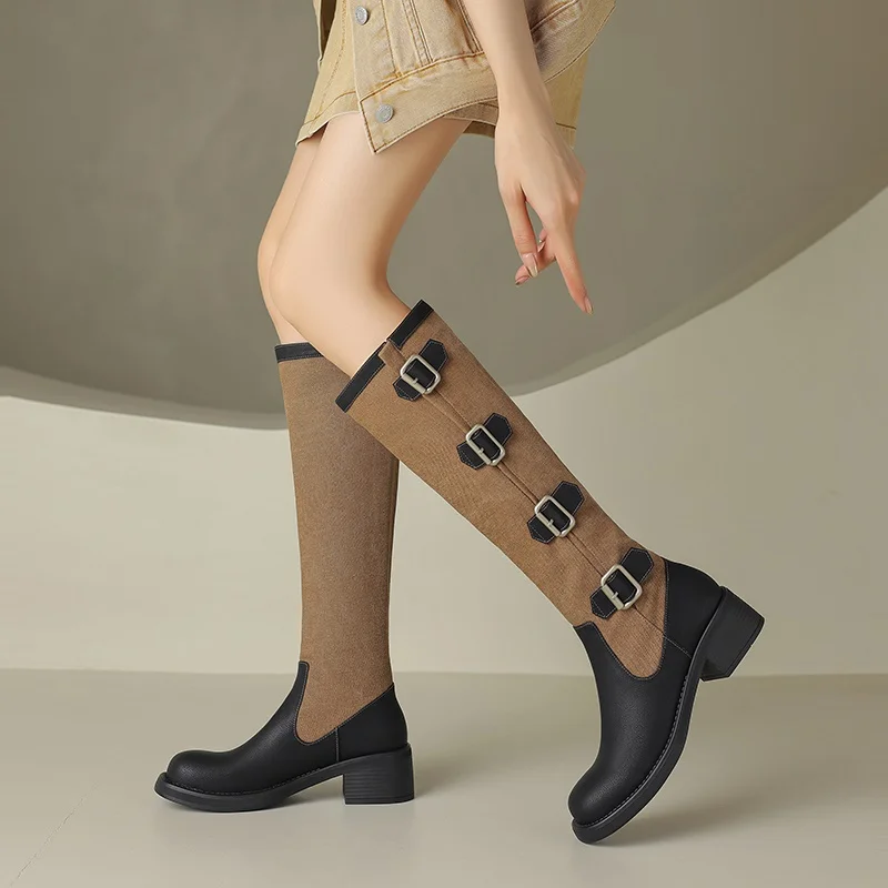 

high quality cowhide+denim knee high boots for women brand punk buckle riding boots thick high heels all matched winter boots