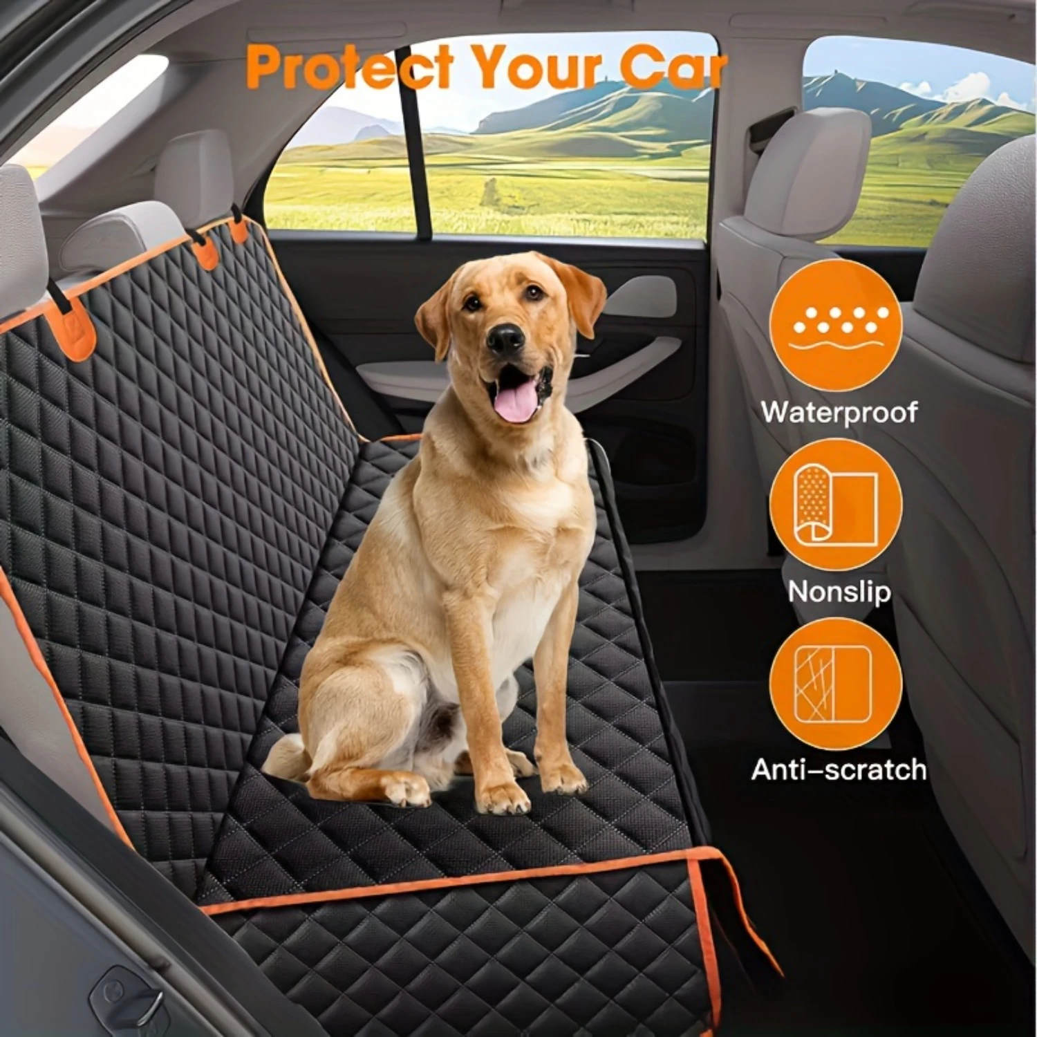 1pc Premium Pet Car Seat Cover-Waterproof, Non-Slip, Anti-Scratch Protective Bench Seat Protector with Orange Piping-Rear Se