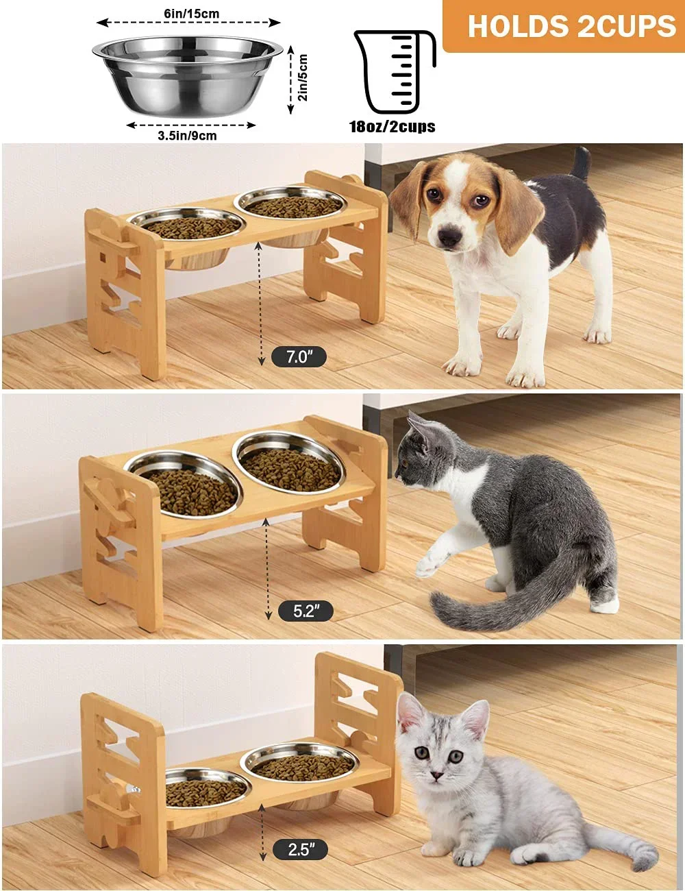 

Pet Accessories Holder Adjustable Bowls Elevated Dog Cat Bamboo Puppy Feeder Water Stainless Stand With Food Raised Tilted