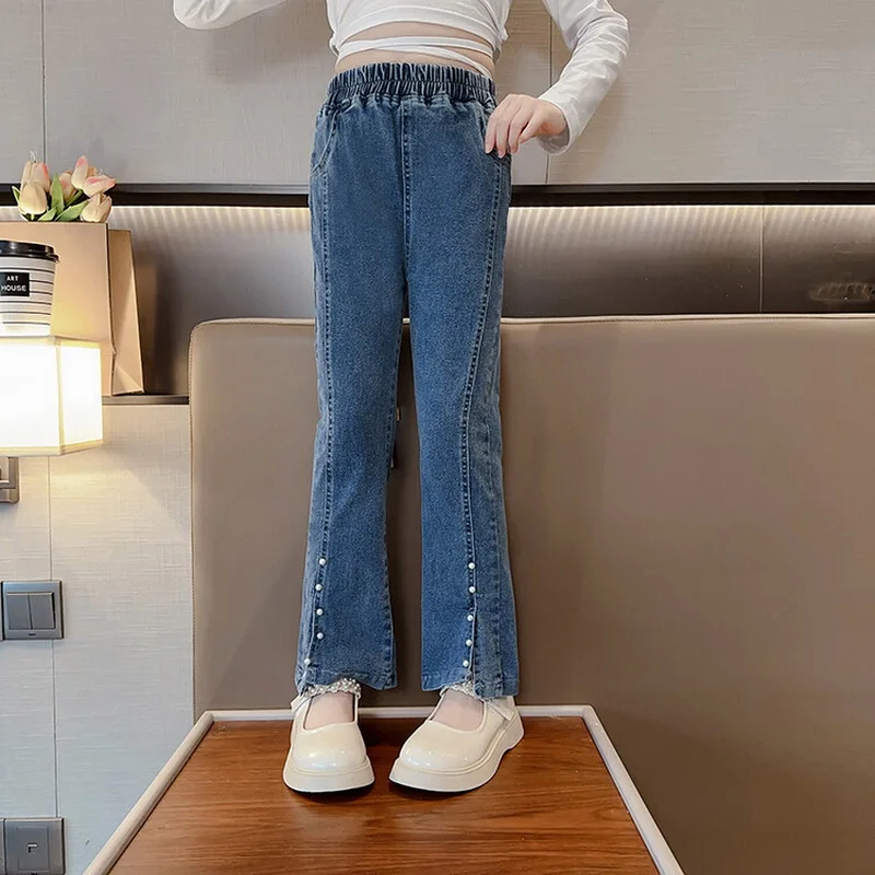 

Jeans For Girls Black Boot Cut Pants with Pearl Casual Style Kids Elastic Split Flare Trouser Spring Autumn Clothes 4-14Y