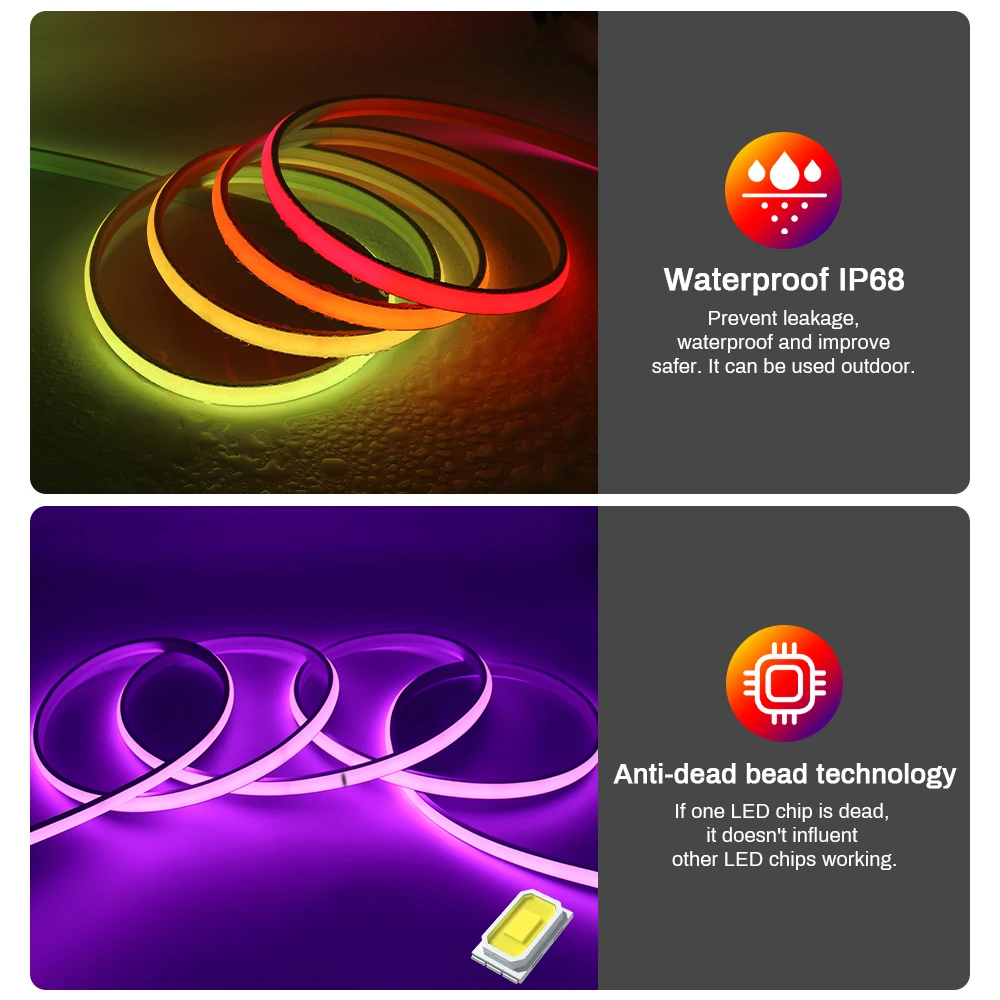 IP68 RGB IC Addressable Dream Color COB Led Strip High Density Flexible Dimmable Full color RGB Run Water WS2811LED Lights
