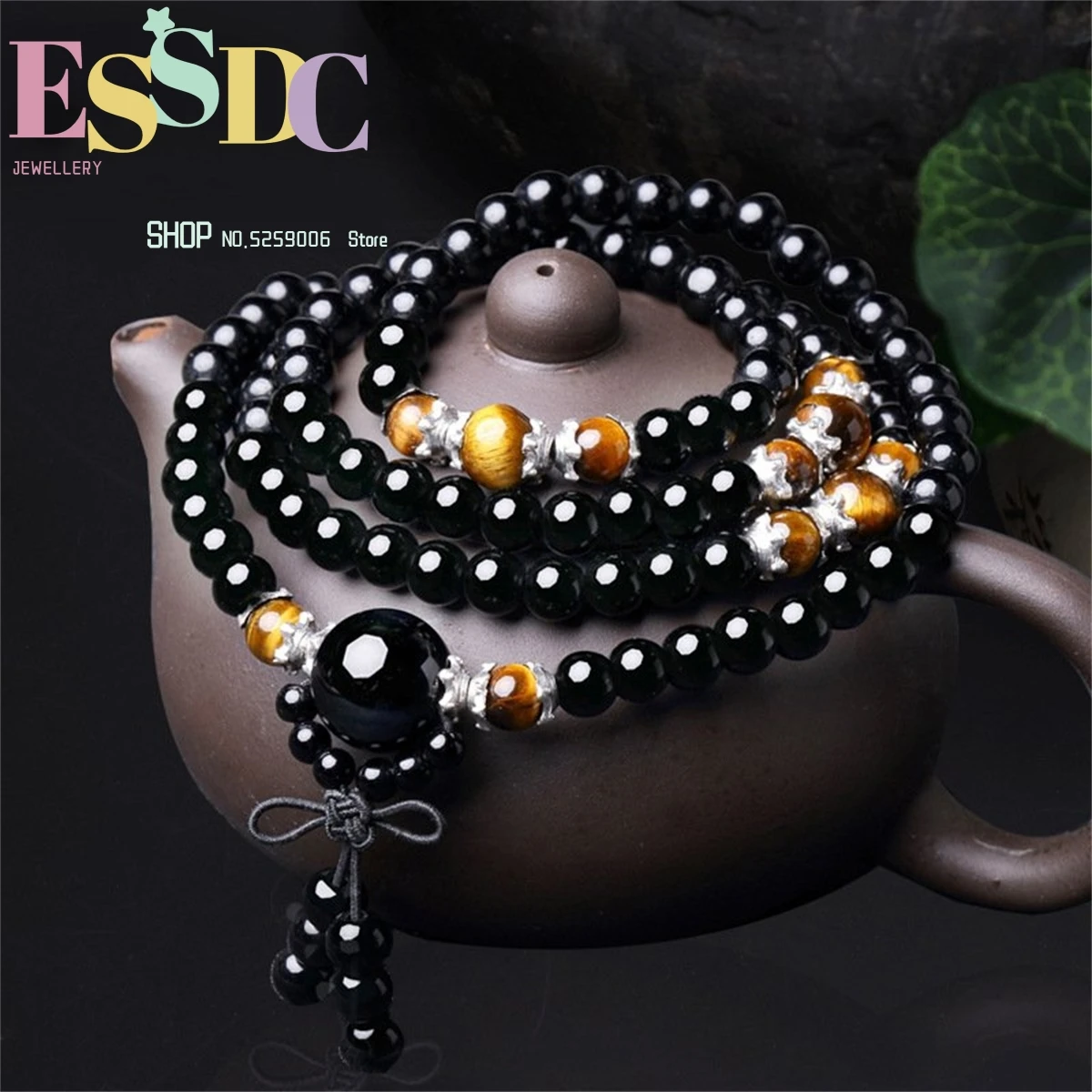 

Natural Obsidian and Natural Tiger Eye Stone 108 Mala Beads Multi Circle Bracelet Fashion Male and Female Bracelet Wholesale