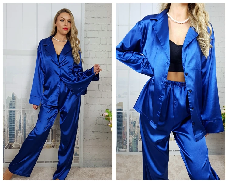 satin pajamas Hiloc Oversized Satin Silk Sleepwear Low Cut Sexy Pajamas For Women Single-Breasted Long Sleeves Wide Leg Pants Trouser Suits cotton pyjamas for ladies