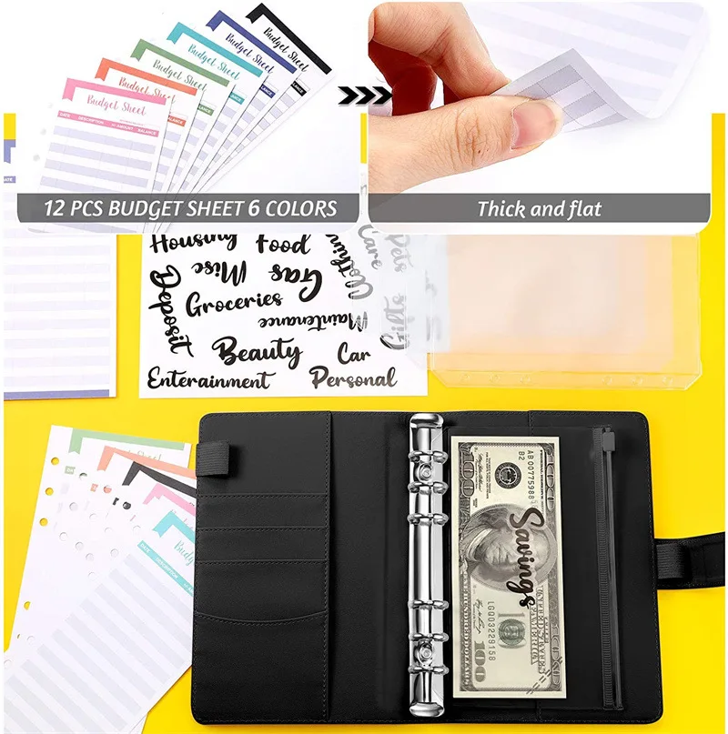 Leather Notebook A6 PU Leather Notebook Binder Budget Planner Organizer 6 Ring Binder Cover 8 Pockets And 12 Pieces Expense Budget Sheets