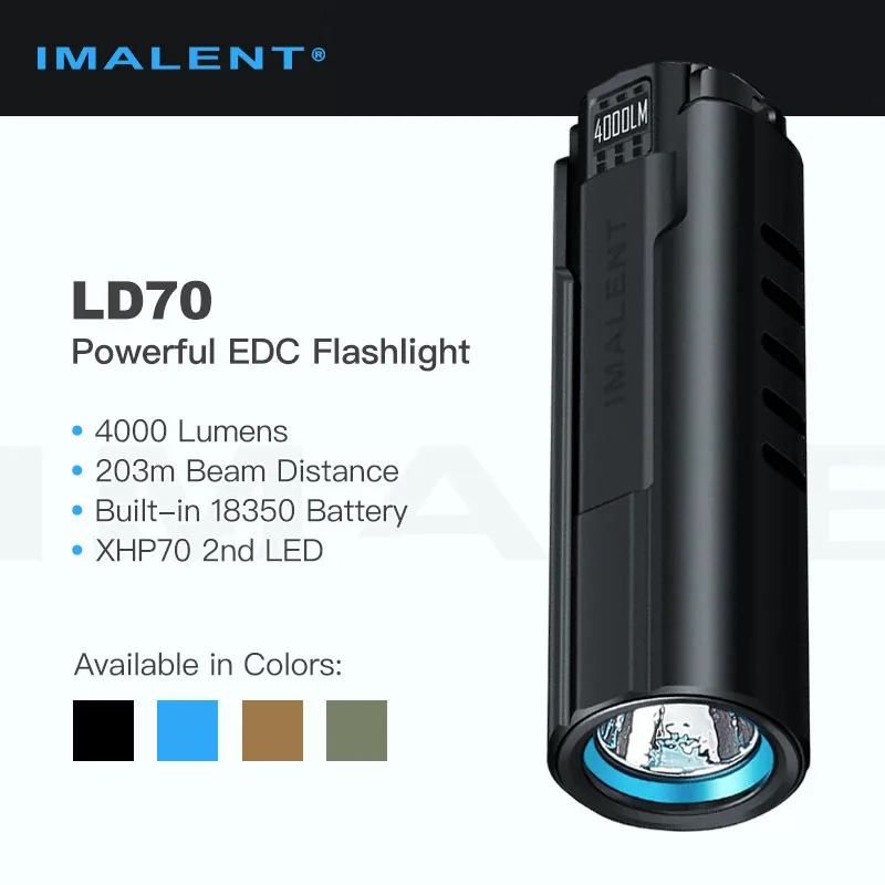 

Imalent LD70 Rechargeable Compact LED Flashlight, 4000 Lumens 203m Beam Distance, Magnetic Charging, Built-in 18350 Battery, EDC