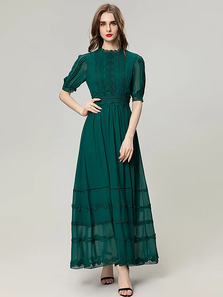 

Ladies Extravagant New Catwalk Summer High Quality Fashion Party Green Chic Casual Pleated Lace Celebrity Long Dresses For Women