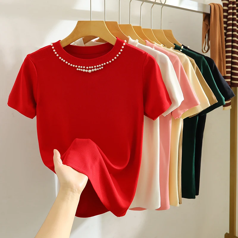 

Heavy Industry Pearl Beading T-shirt Women Summer Knitted Top Tees Round Neck Top Women's High Quality Princess Style A62