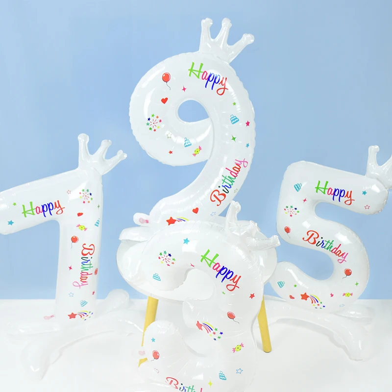 

1pcs Standing White Number Foil Balloons 0-9 White Crown Birthday Party Decor 32 Inch Number Balloons Celebration Props Ornament