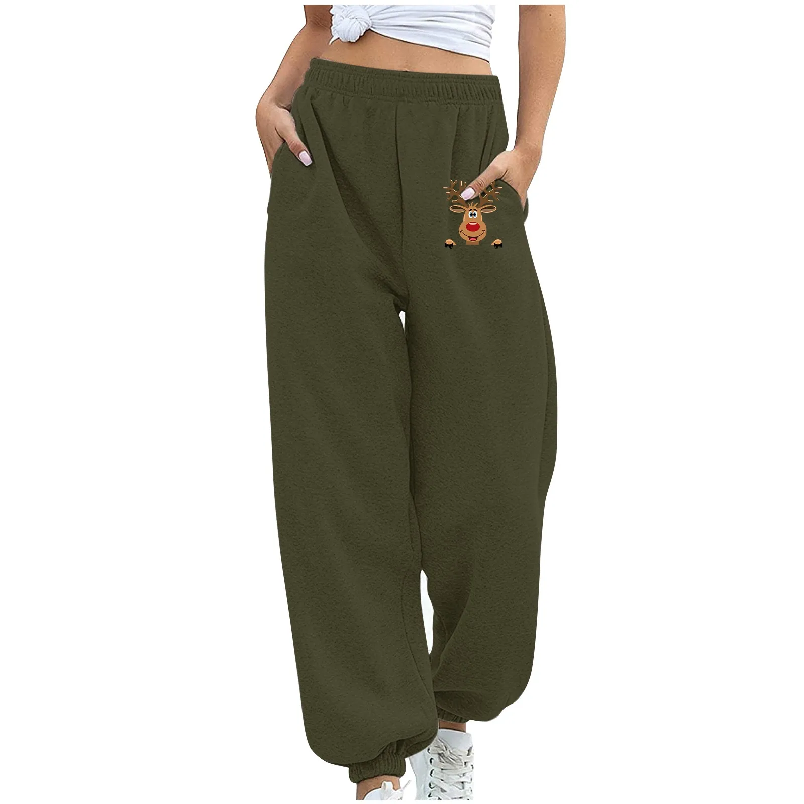 

Women's Autumn Clothing Straight Leg Loose Solid Color Christmas Print Joggers Pants High Elastic Waist Sweatpants Streetwear