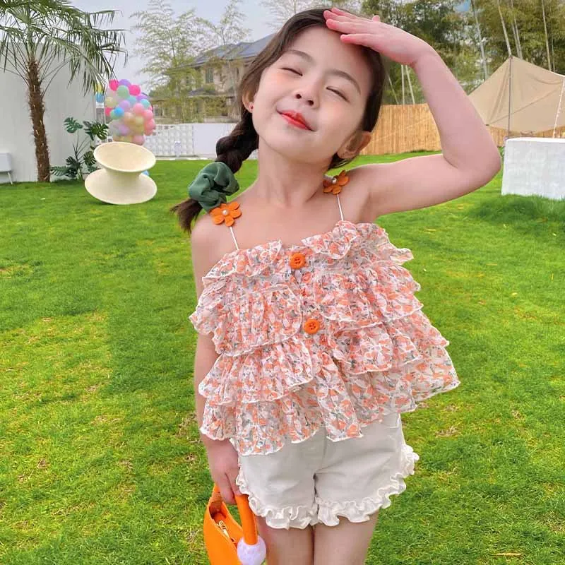 

Girls Outfit Sets Summer Kids Casual Clothing For Girls Fragmented suspender+White Shorts 2 Pcs Children's Baby Girl Clothing