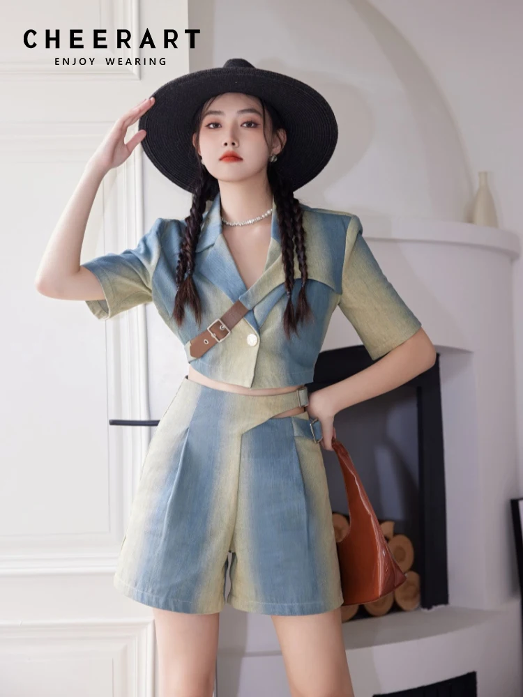 

CHEERART Tie Dye Denim Jacket Short Two Piece Set For Women Blue Crop Blazer Sets Matching Set Summer Outfit