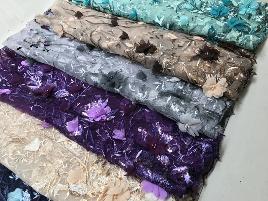 

Hand nail bead Sequin embroidered fabric high-end gift clothing three-dimensional Chiffon flower background lace fabric