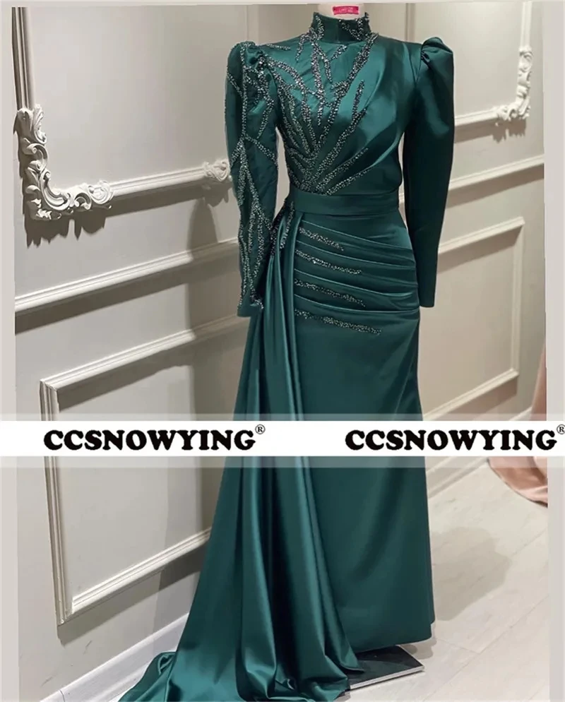 

Green Satin Beaded Hijab Muslim Evening Dresses Islamic Long Sleeve Women Formal Party Gowns Arabic Dubai Robes De Soirée