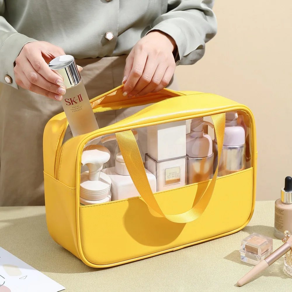 

PU Stitching Cosmetic Bag PVC Transparent Waterproof Wash Bag Travel Portable Handbag Large Capacity Bath Storage Bag