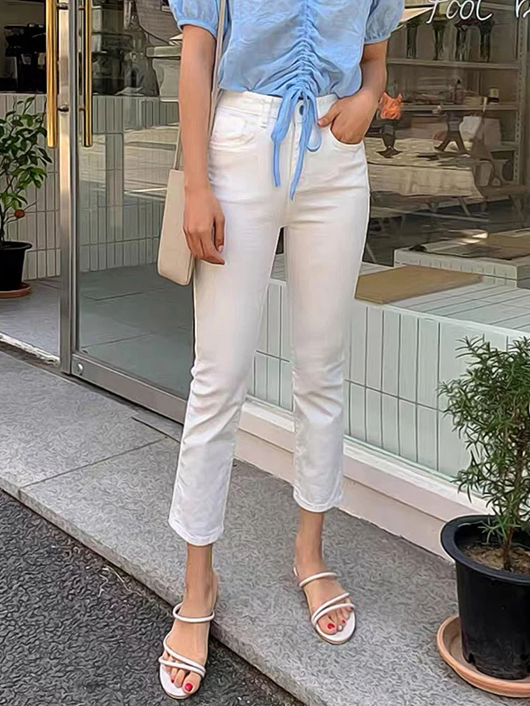 

High Waist Straight Jeans Women's Spring White Y2k Summer Denim Pants Elastic Ankle Length Boyfriend Jeans for Girls Solid White