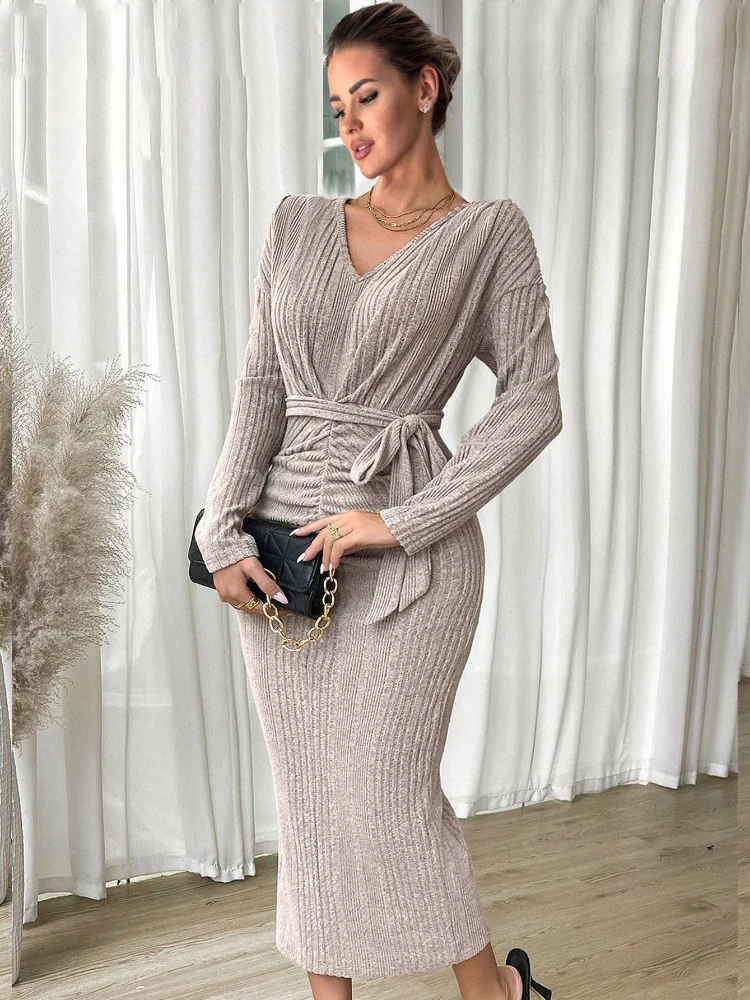 

Womens Dresses Elegant and Pretty Solid V-neck Long Sleeved Elegant Lace Up Vestido Party Dress Dresses on Offer Liquidation