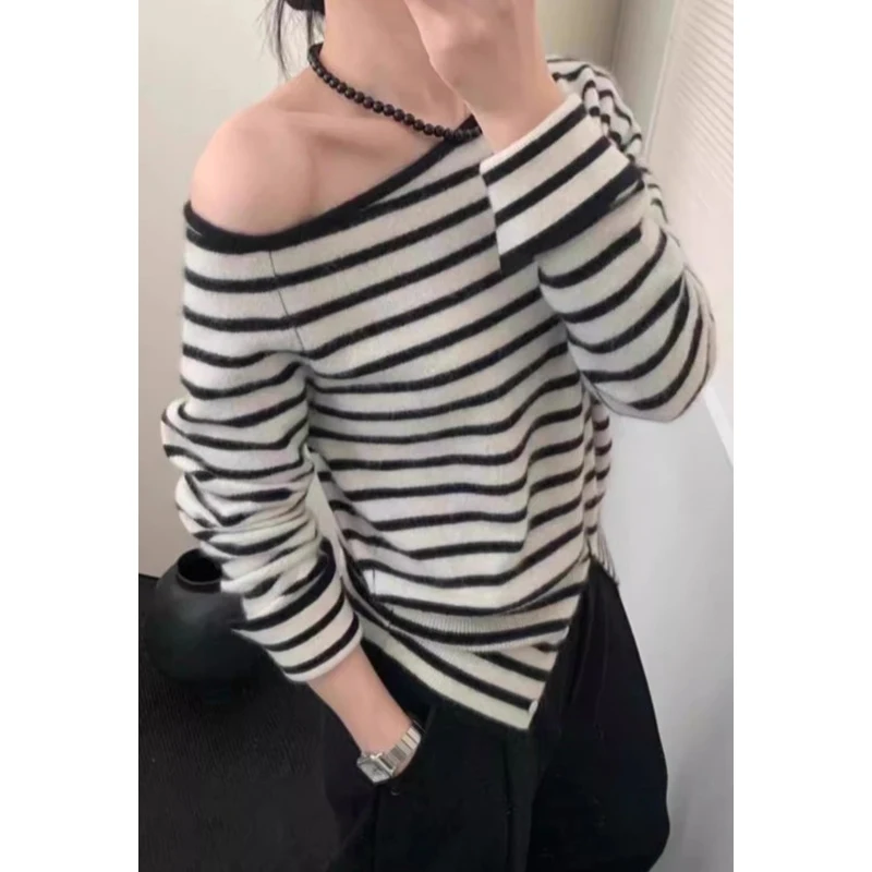 Fashion Striped Long Sleeve Tops Casual Gentle Slanted Shoulder Knitted Pullover Sweater Autumn Women Loose Casual Thin Clothing