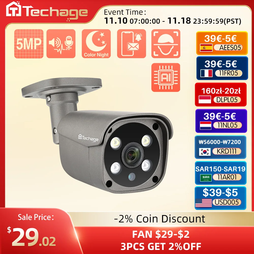 Techage 5MP 4K POE IP Security Camera with AI Detection