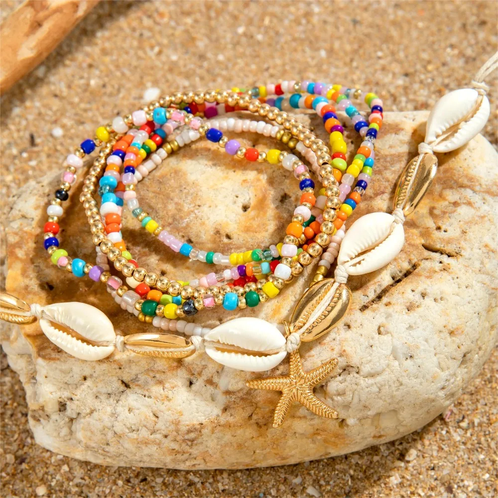 Bohemian Beach Rice Beads Elastic Anklet Charm Alloy Anklet Set 7pcs 16.54/2.76in Stretch Holiday Starfish Multi-layer ankle chains silver anklet bracelet beads anklet fashion accessories bead bracelet