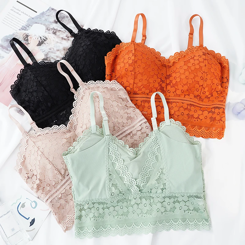Women's Lace Bra Sexy Hollow Out Underwear V-Neck Floral Lace Vest Sleeveless Crop Tops Wire Free Lingerie Casual Underwear