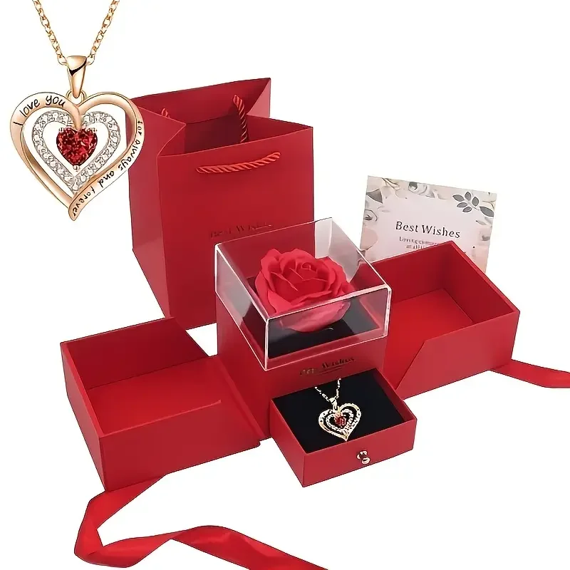 Die kreative doppeltürige ewige Rosen-Schmuckschatulle mit einer bezaubernden Herz-Halskette ist das perfekte Geschenk, Weihnachts- und Schmuckschatullen