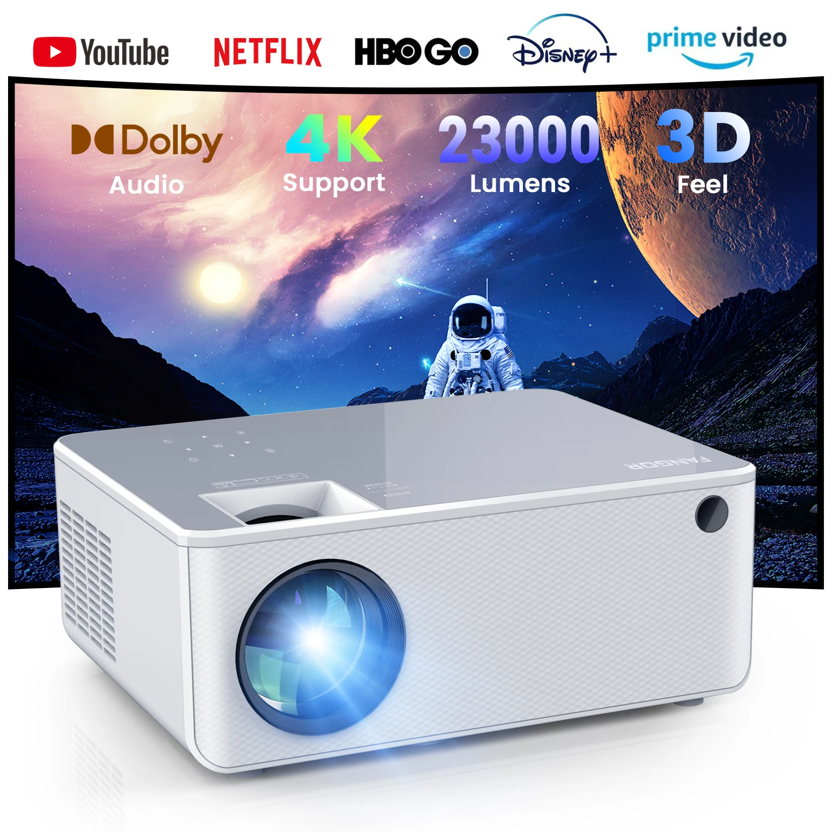 FANGOR 23000LM 4K Projector Smart WiFi BT UHD Native 1080P HIFI Home Theater Beamer Support with HDMI USB iOS & Android System