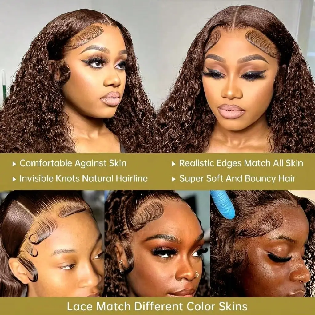 Chocolate Brown Deep Wave Glueless Human Hair Wig 13x4 HD Lace Front 250% Density Pre Plucked With Baby Hair Put On Go Wig 4