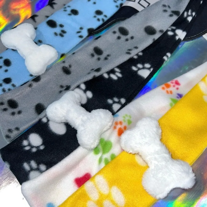 Kawaii Dog Footprints Patchwork Long Scarf for Girls with Bone Pin Fluffy Contrast Color Coral Velvet Women Scarf Japanese Style