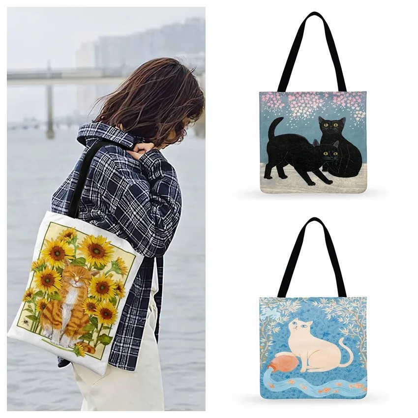 

Cats And Cherry Blossoms Painting Print Tote Bag For Women Casual Tote Ladies Shoulder Bag Outdoor Beach Tote Bag Shopping Bags