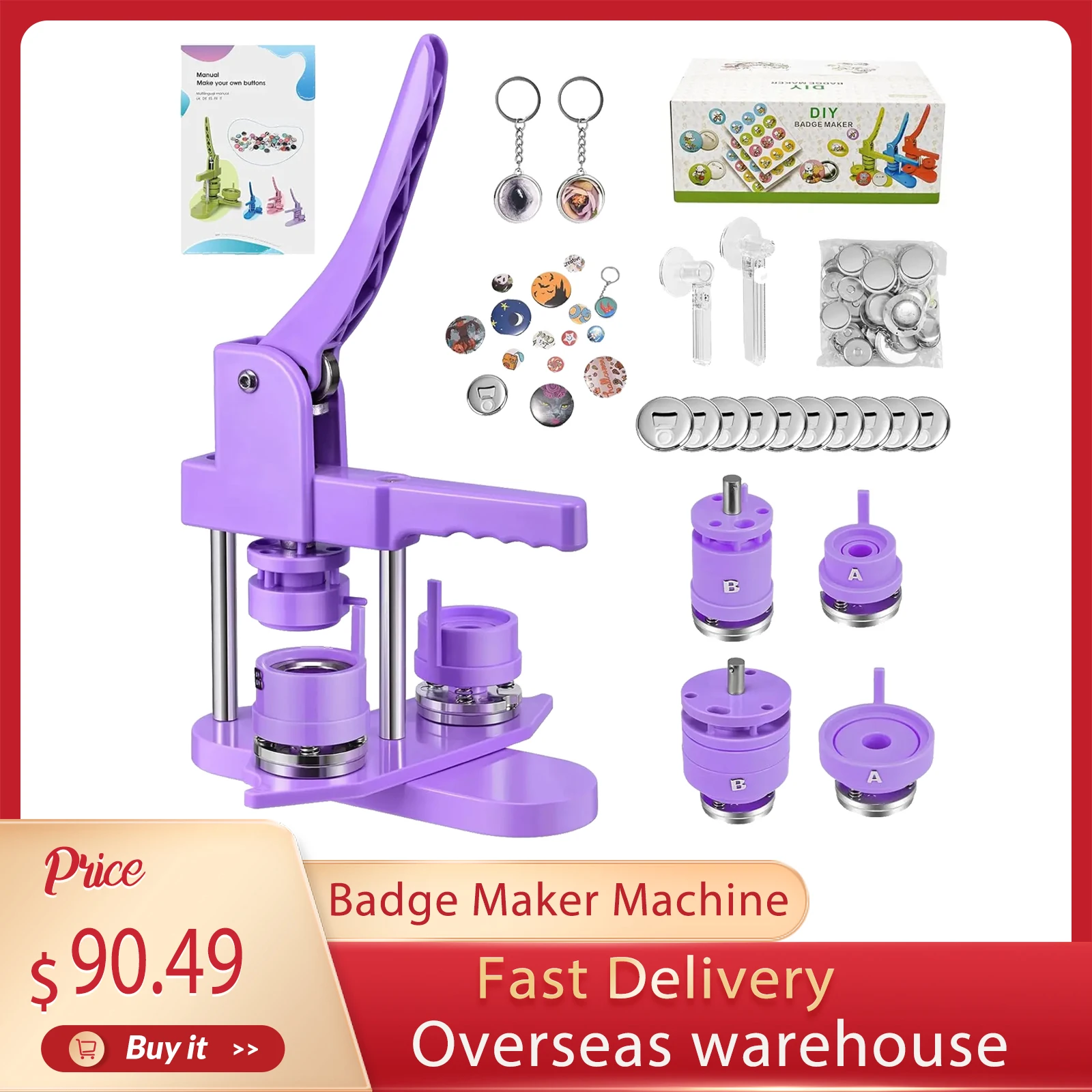 32+58mm Badge Maker, 200pcs Plastic Badge Maker, Nanpaders, with 10 Bottle Openers, 10 Sets of Key Rings, Molds and Round Paper