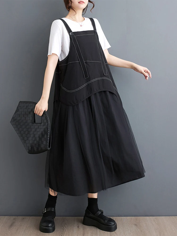 2025 Summer New Sleeveless Patchwork Mesh Strap Dresses For Women Black Vintage Loose Casual Long Dress Fashion Elegant Clothing