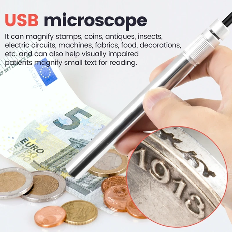 Andonstar USB 내시경 현미경 카메라 1-500X 배 2MP 8 LED HD 돋보기 동전 용 금속 호스 현미경 PCB 납땜 PC