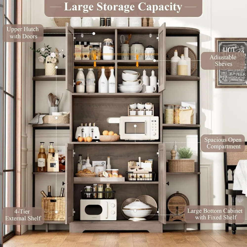 70" Kitchen Pantry Storage Cabinet,Tall Kitchen Hutch Cabinet with Microwave Stand,Industrial Pantry Cabinet with 8 Open Shelves 4