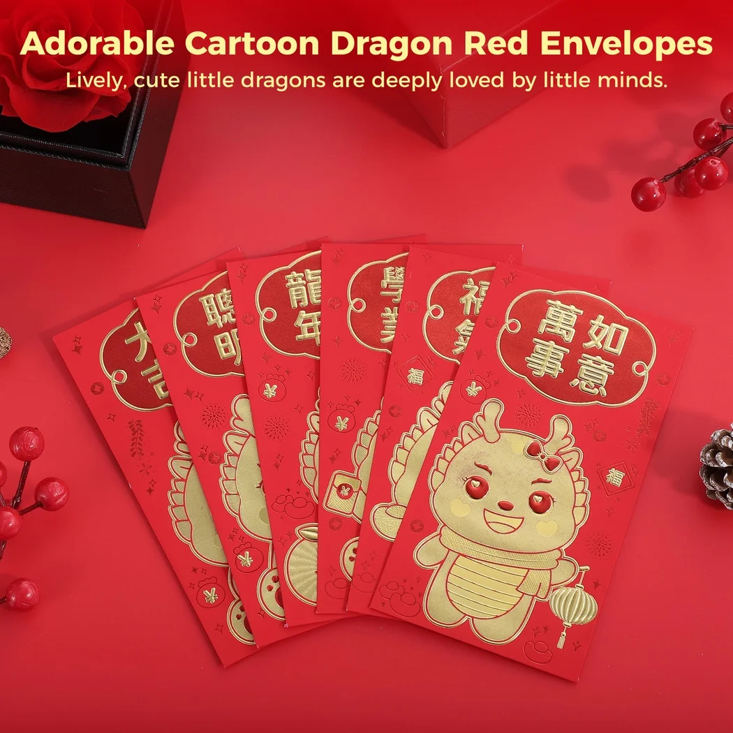 AdTosDragon-Enveloppes rouges chinoises pour la fête du printemps, Nouvel An, Poches rouges, Lucky Hong Bao, 2024, 24 pièces