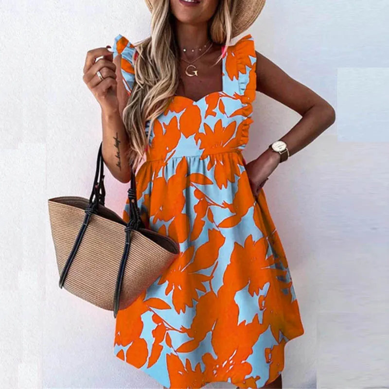 

Fashion 2023 Summer Print Women Dress Casual Loose Oversized Ruffled A-Line Sundress Sleeveless Ruffle Beach Dresses Vestidos