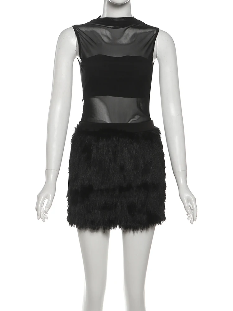 Nibber Patchwork Sexy Dress Women o-Neck See Through Fluffy Hem Sleeveless Skinny Midnight Hottie Fashion Coquett Mini Bodycon