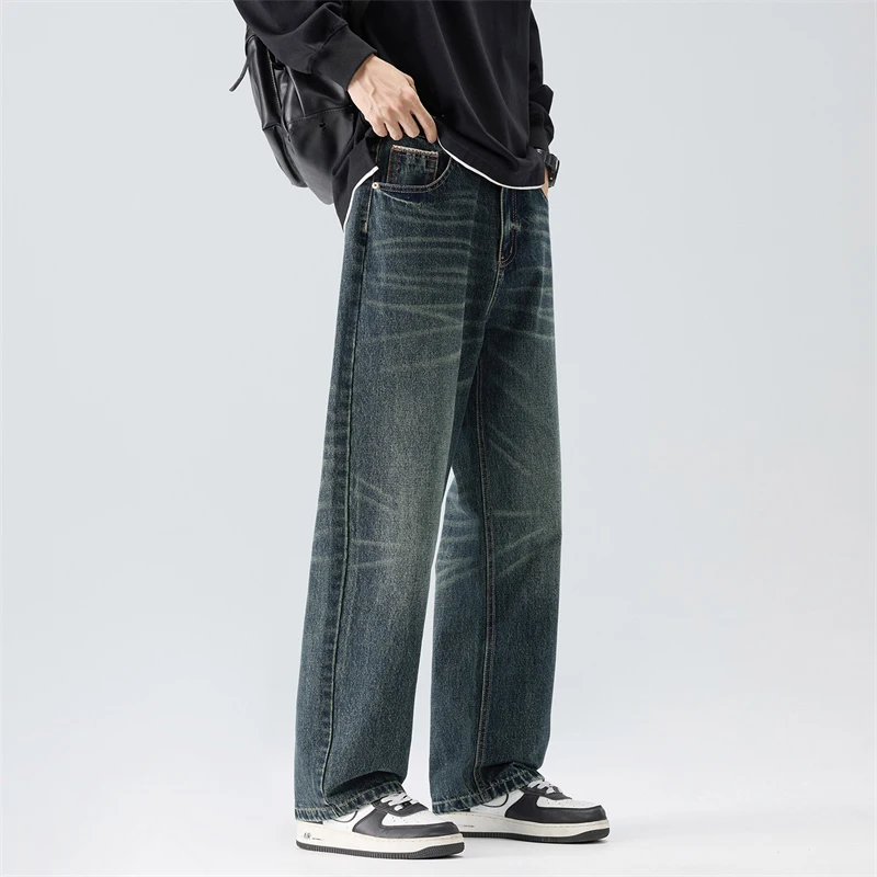 Vintage Jeans Loose Wide Leg Men's Spring New Straight Denim Pants Fashion Embroidered High Street Korean Casual Trousers 4