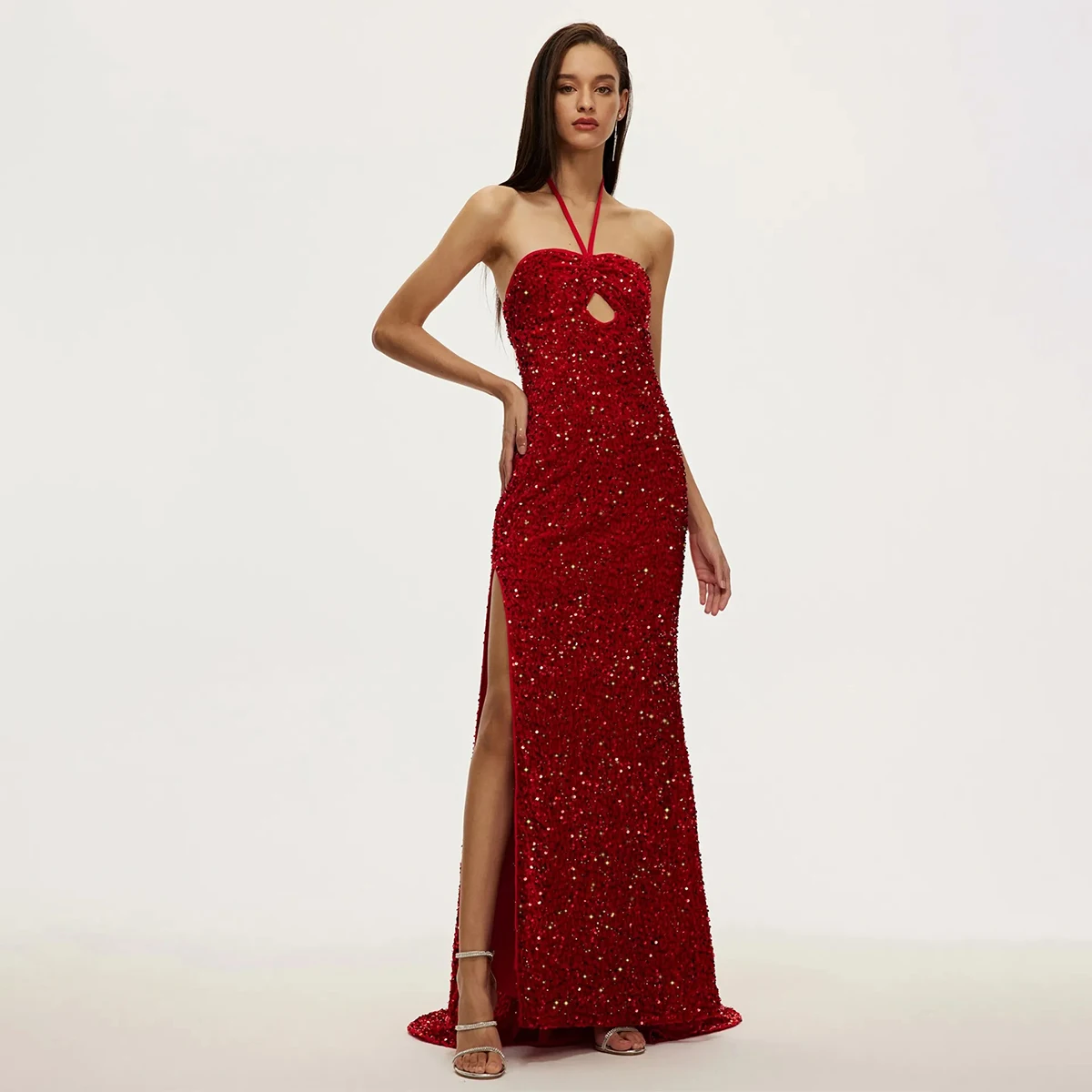 

New Sparkly Red Sequins Side Slit Engagement Evening Dresses Sexy Halter Sweep Train Wedding Party Gowns Formal Occation Robes