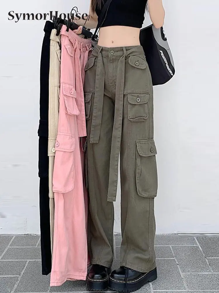 

Spring Summer Autumn Black Vintage Pockets Cargo Pants Women High Waist Wide Leg Trousers Loose Casual Straight Pants Female