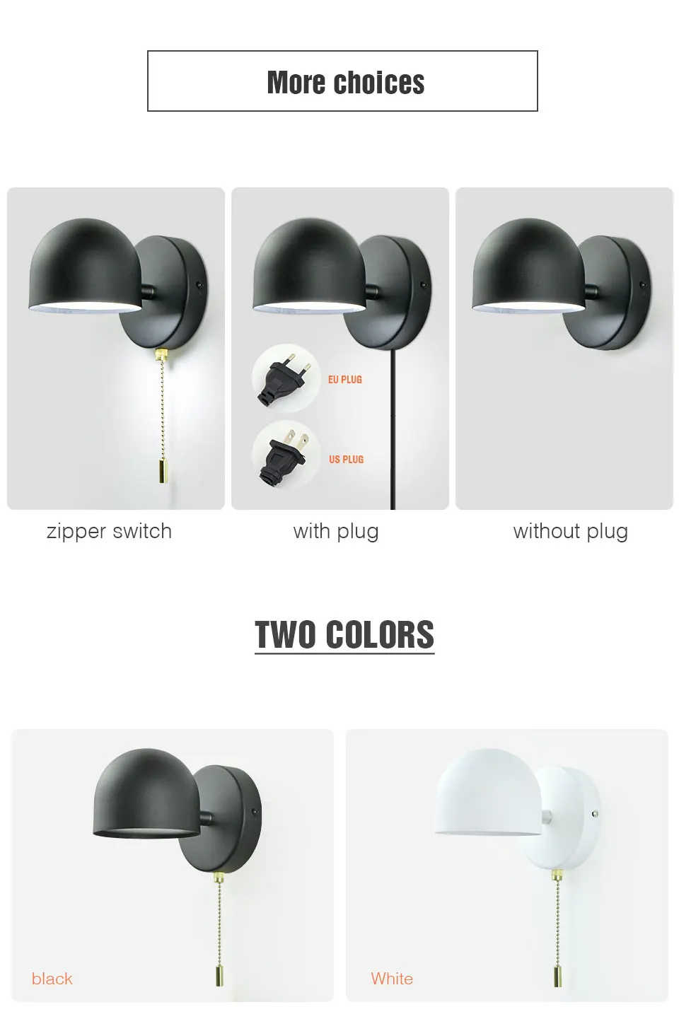 Nordische LED-Innenwandleuchten mit Schalter und Stecker, Wandlampe in Schwarz oder Weiß für Hotel, Flur, Schlafzimmer, Bettseitige Leseleuchte – Detail 9