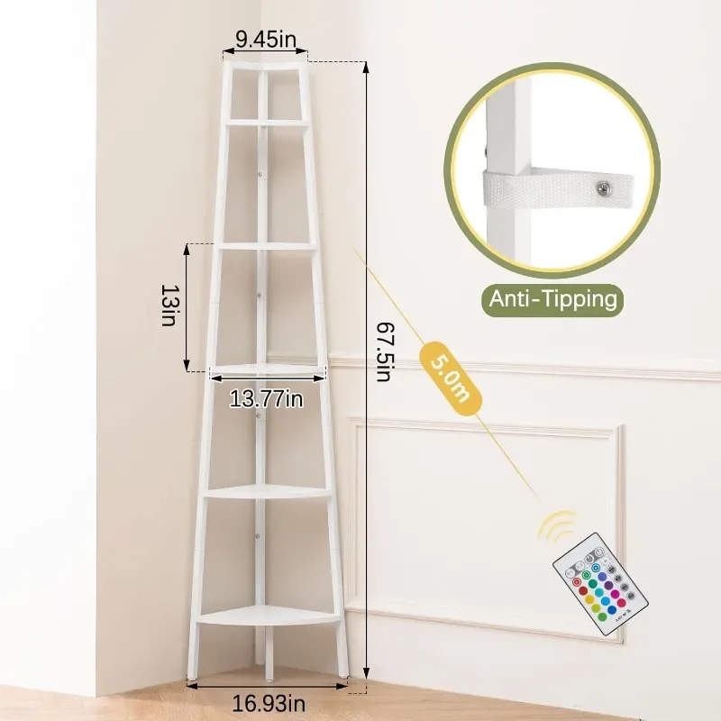 Corner Shelf Stand, 5-Tier Bookshelf with LED Light Corner Shelves for Bedroom, Tall Book Shelf with Steel Frame