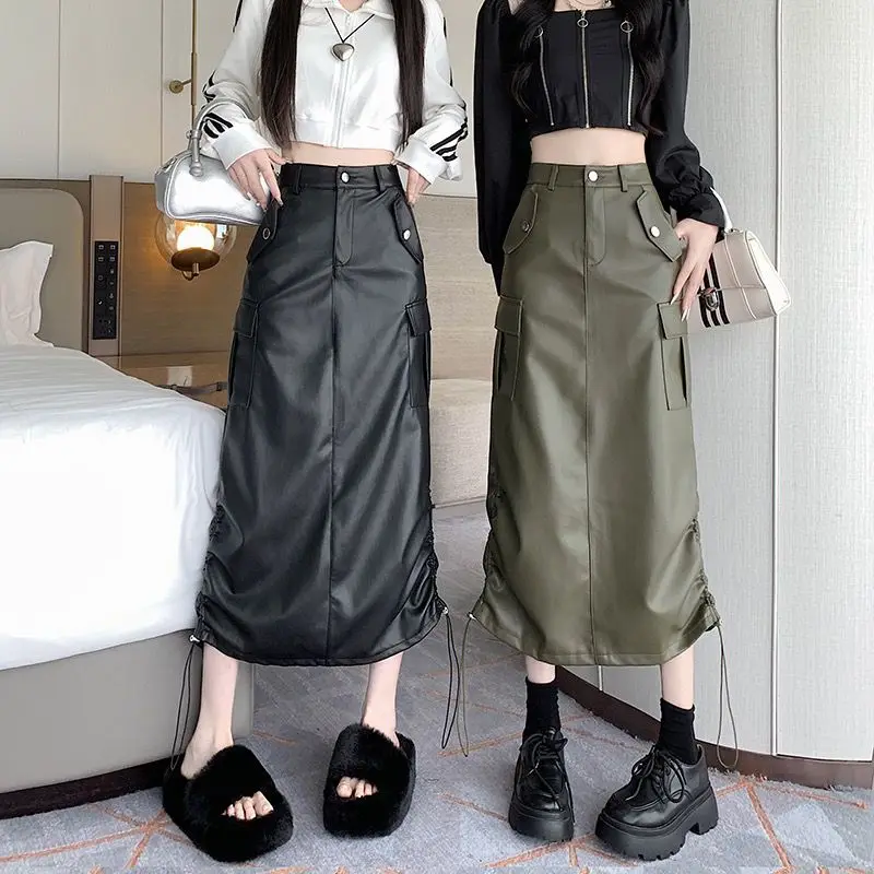 

American High Waist Mid Length Drawstring Large Pocket Vintage Pu Leather Workwear Wrap Hip Split Half Skirt Women's Autumn