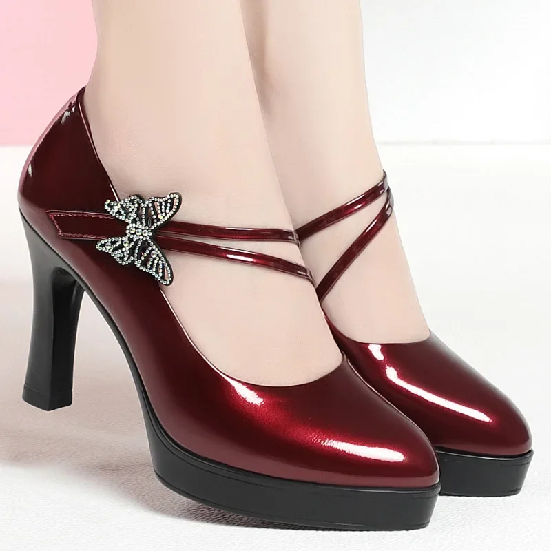 2024 New Fashion Platform High Heels Women Round Toe Black Pu Leather Square Heel Pumps for Party Dress Lady Shoes Zapatos Mujer 2