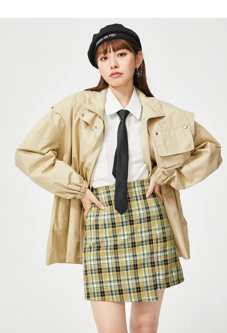 A21 Summer 2022 High Waist Yellow Plaid JK Skirt for Women Asymmetrical Slim A-line Ladies Chic Mini Skirt Clothes skirt and top