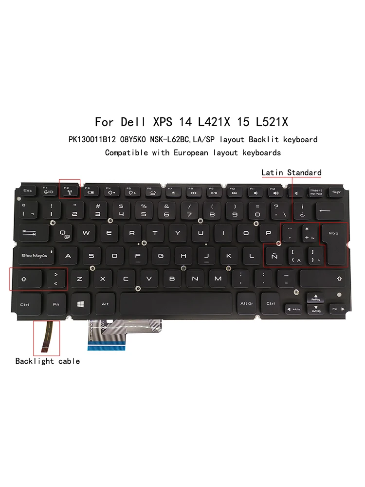 Teclado de Retroiluminação Latino para Laptop Teclado Retroiluminado para Dell Xps 14 L421x 15 L521x la Nsk-l62bc 08y5k0 8y5k0 - Imagem 6