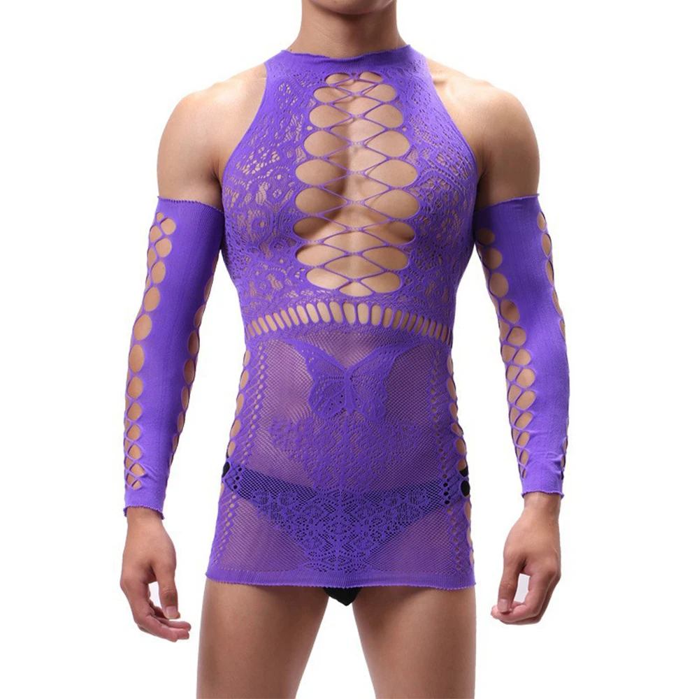 Men Robe Gay Sissy Nightdress Sexy Mesh See Through Butterfly Lingerie Gloves Sleeves Dress Hollow Top Bodysuit Pantyhose Slip 2pcs man undershirts gay nylon mesh see through sheer long sleeves t shirts male sexy compression shirts underwear undershirt