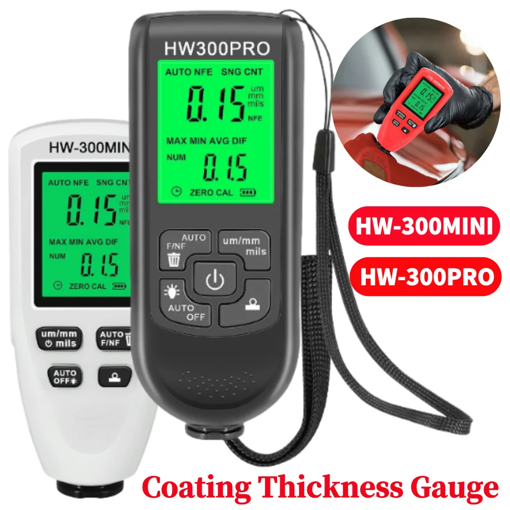 HW-300MINI Coating Thickness Gauge 0-2000UM Car Coating Thickness Measurer Portable Auto Paint Gauge Meter for Cars Auto Vehicle