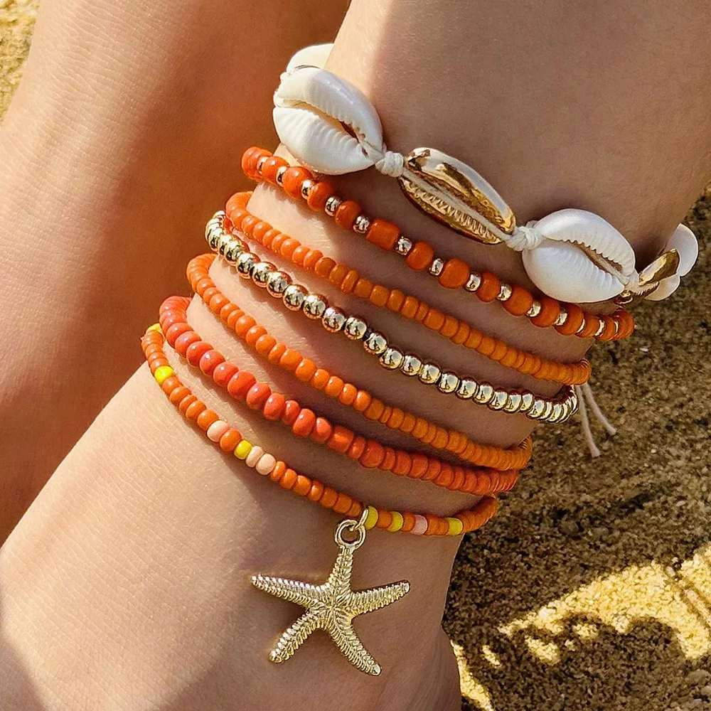 Bohemian Beach Rice Beads Elastic Anklet Charm Alloy Anklet Set 7pcs 16.54/2.76in Stretch Holiday Starfish Multi-layer ankle chains silver anklet bracelet beads anklet fashion accessories bead bracelet